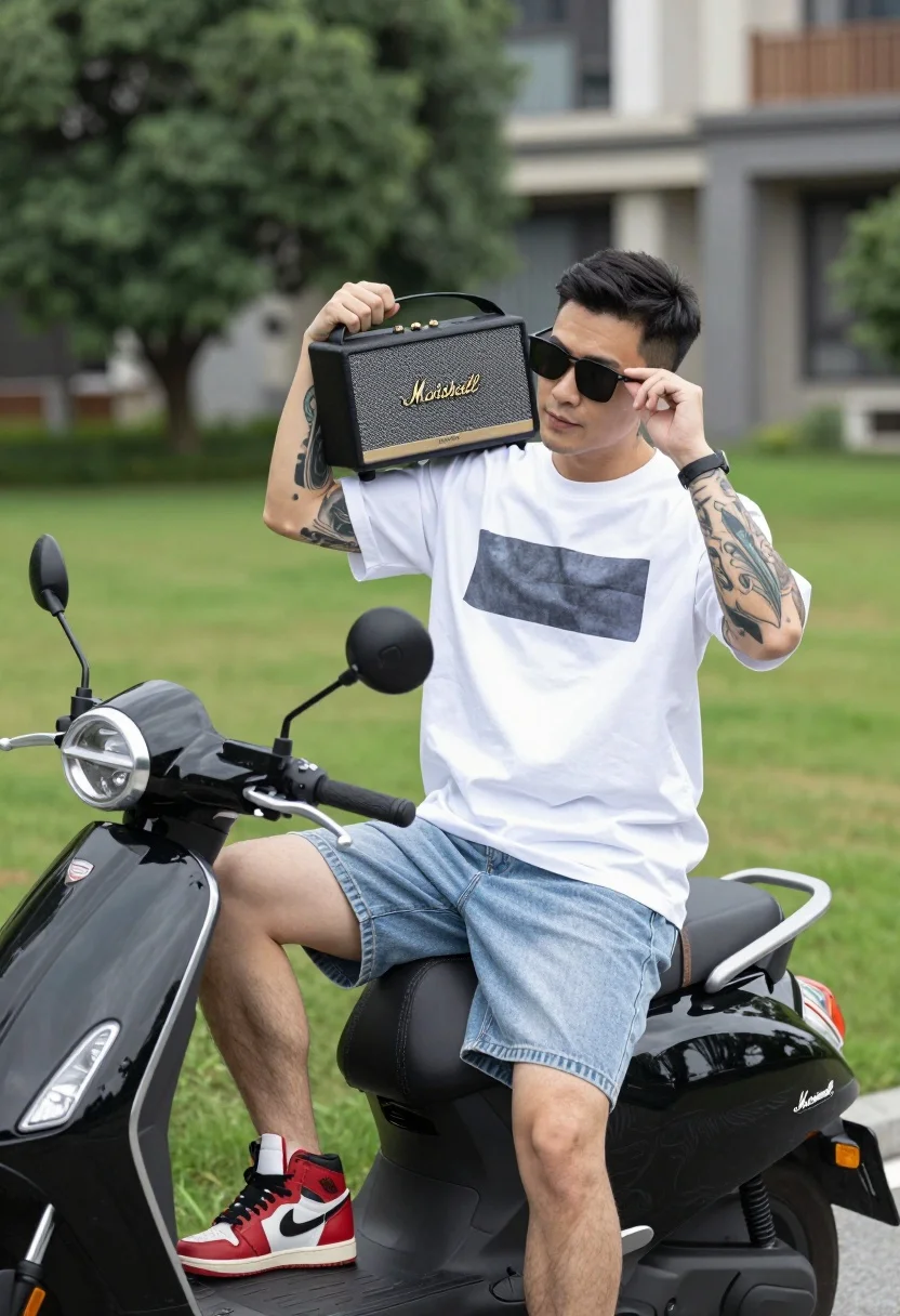 A man sits casually on a black scooter outdoors, holding a black Marshall speaker and adjusting his sunglasses.