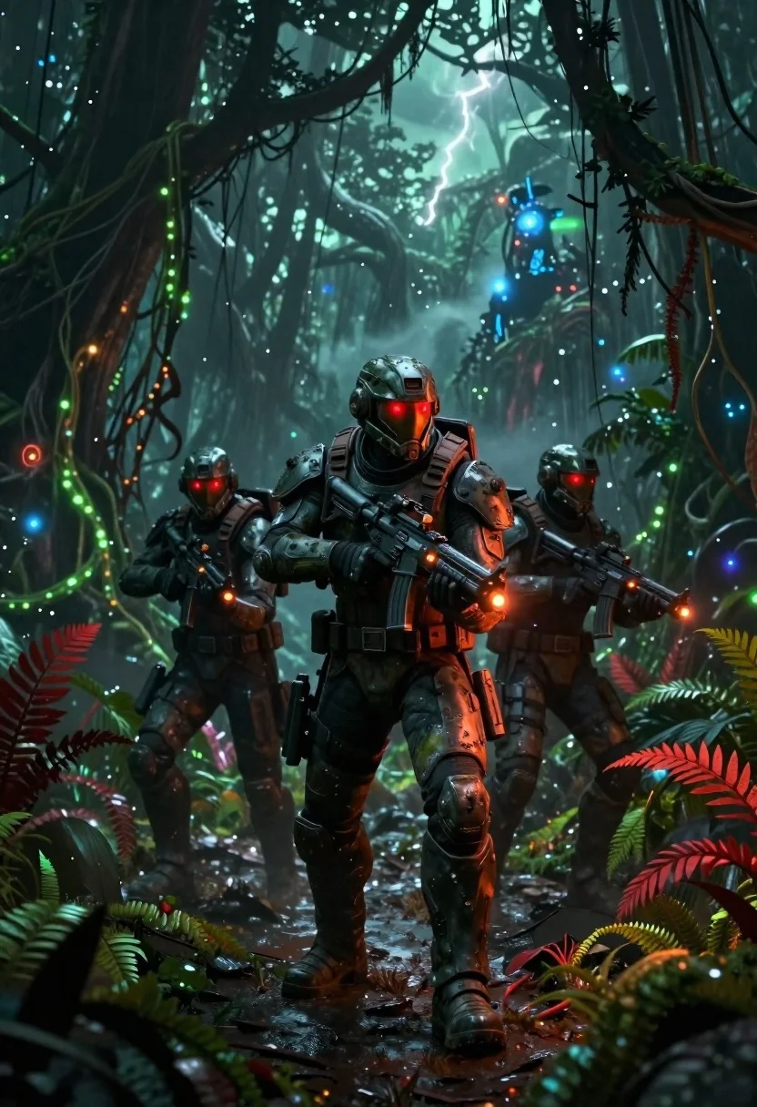 Cinematic Digital Painting Futuristic Soldier Squad Advancing Through Alien Jungle reference photo