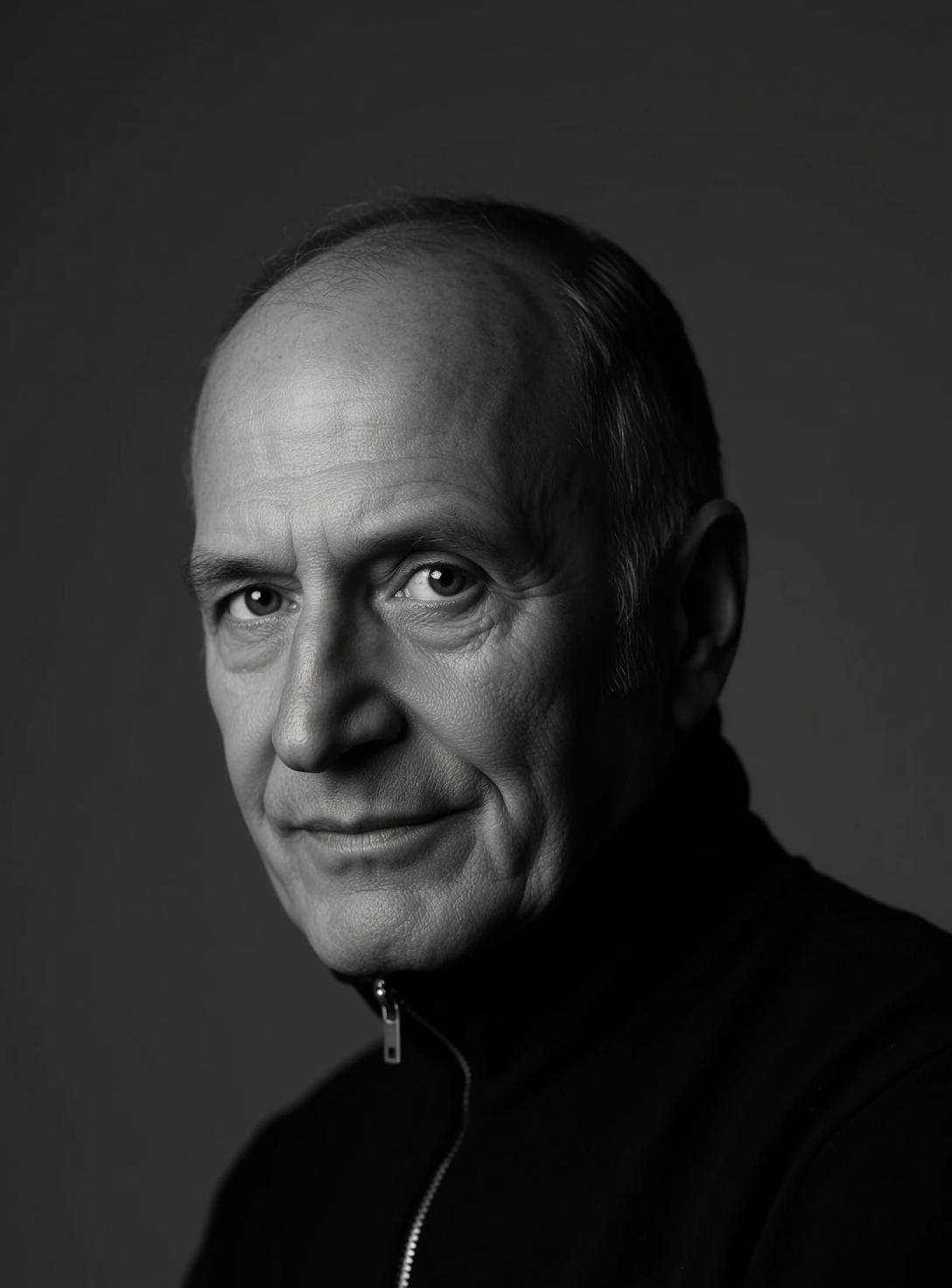 Photorealistic Black And White Medium Close-up Portrait Older Man With