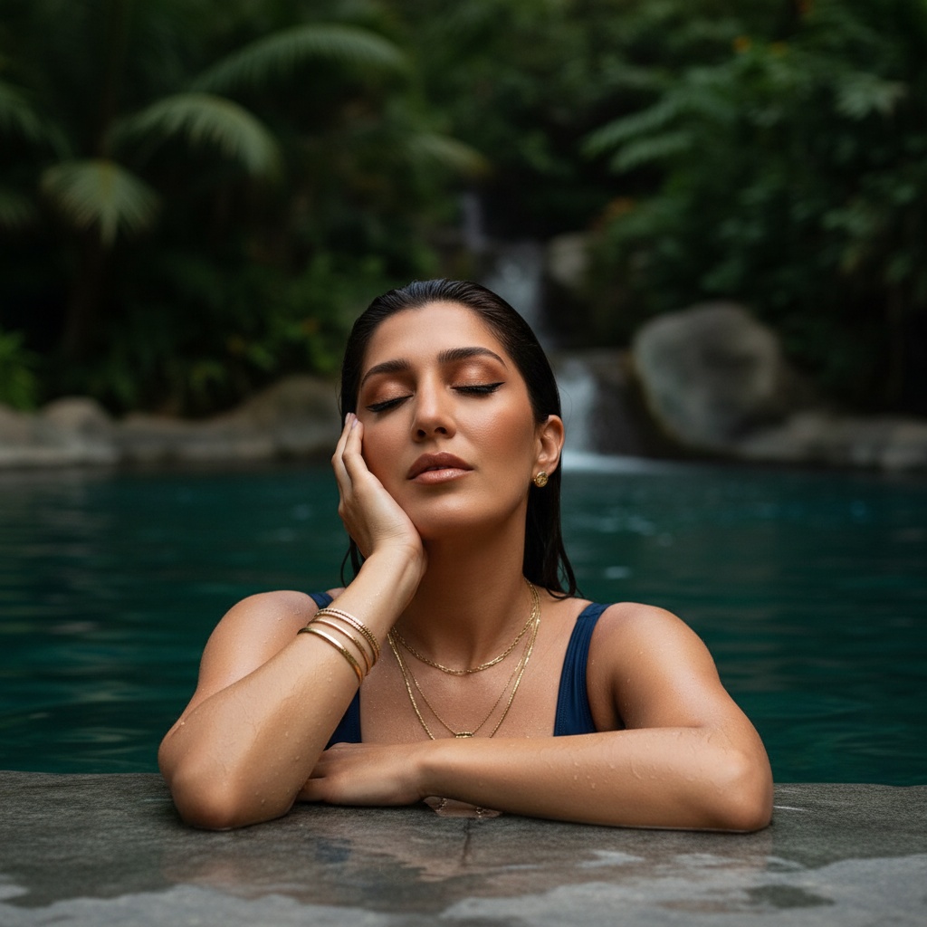 A woman resting on the edge of a pool, evening light creating soft reflections on her skin and water.