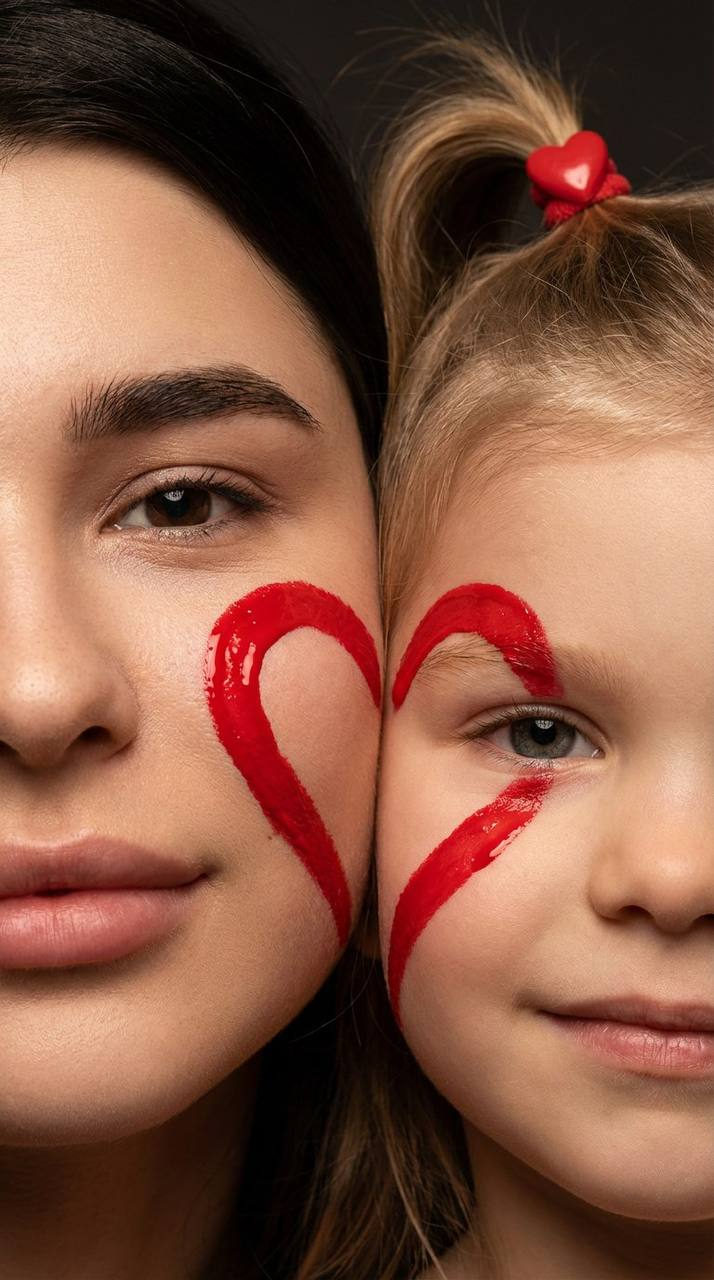 Close-up of a mother and child with their cheeks pressed together, a red heart outline on each cheek showcasing love and tenderness.