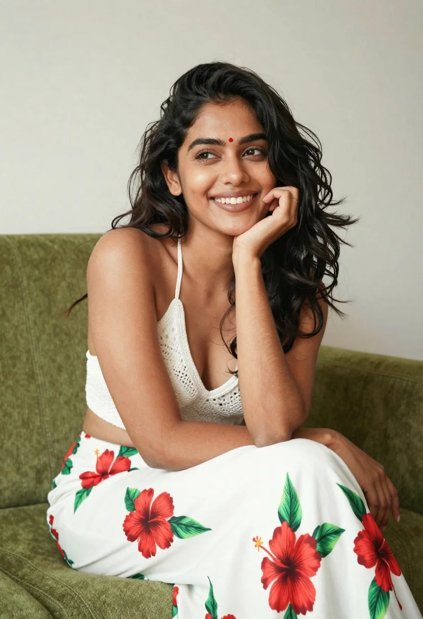 Smiling Young Woman With Long Dark Wavy Hair And Red reference photo