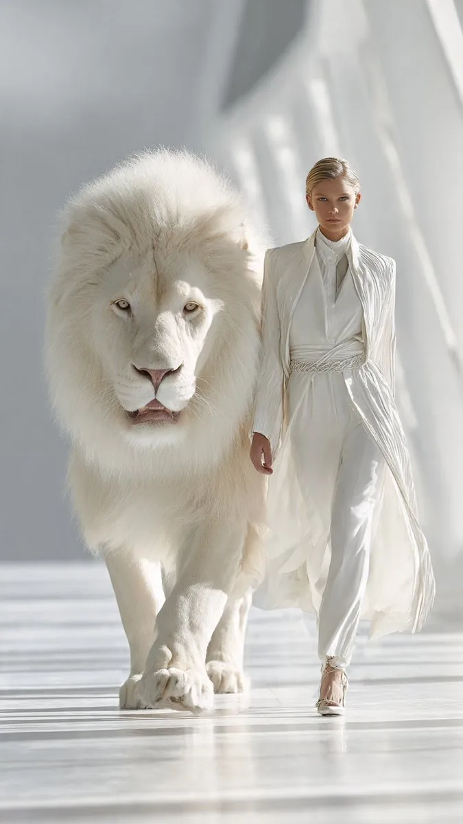 Elegance Meets Power: A Model and Her Majestic Lion
