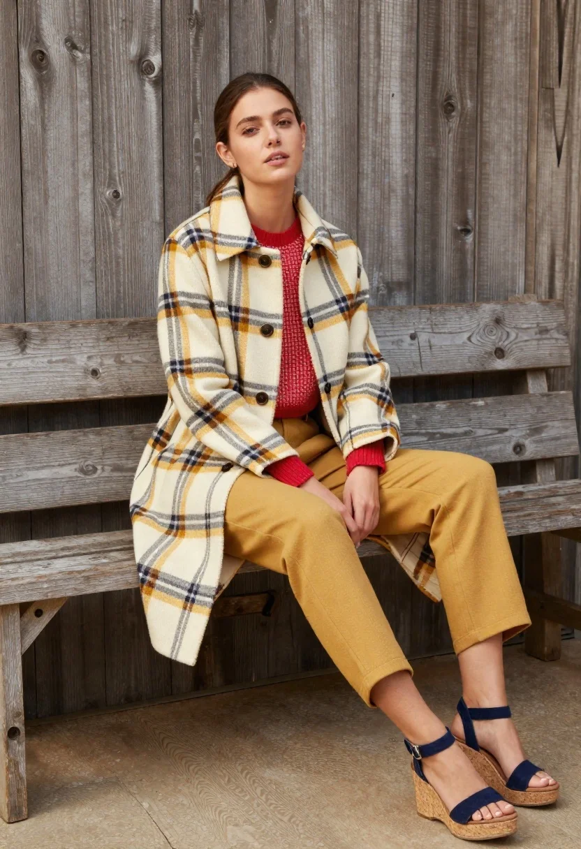 Poised Young Woman Sits Casually Weathered Wooden Bench Against Rustic