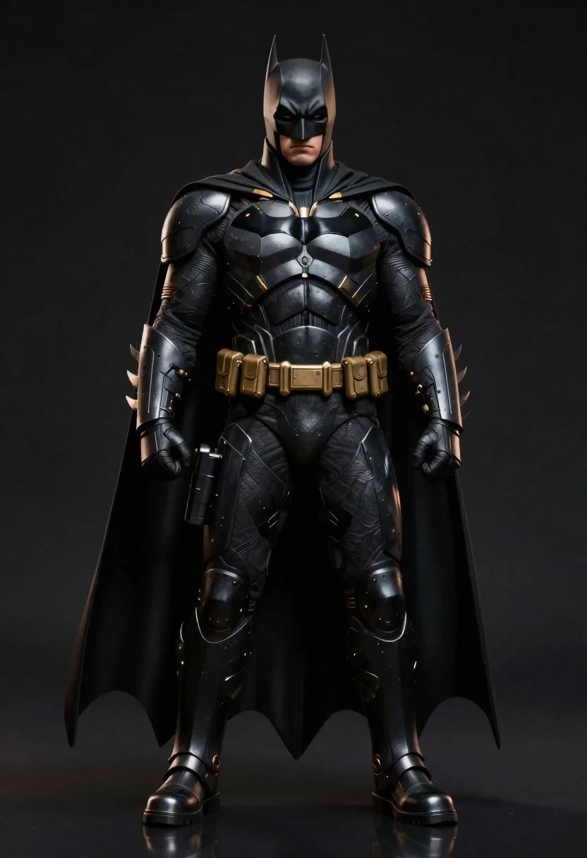Full-body Illustration Batman Standing Stoically Arms Sides Armored Suit Against reference photo