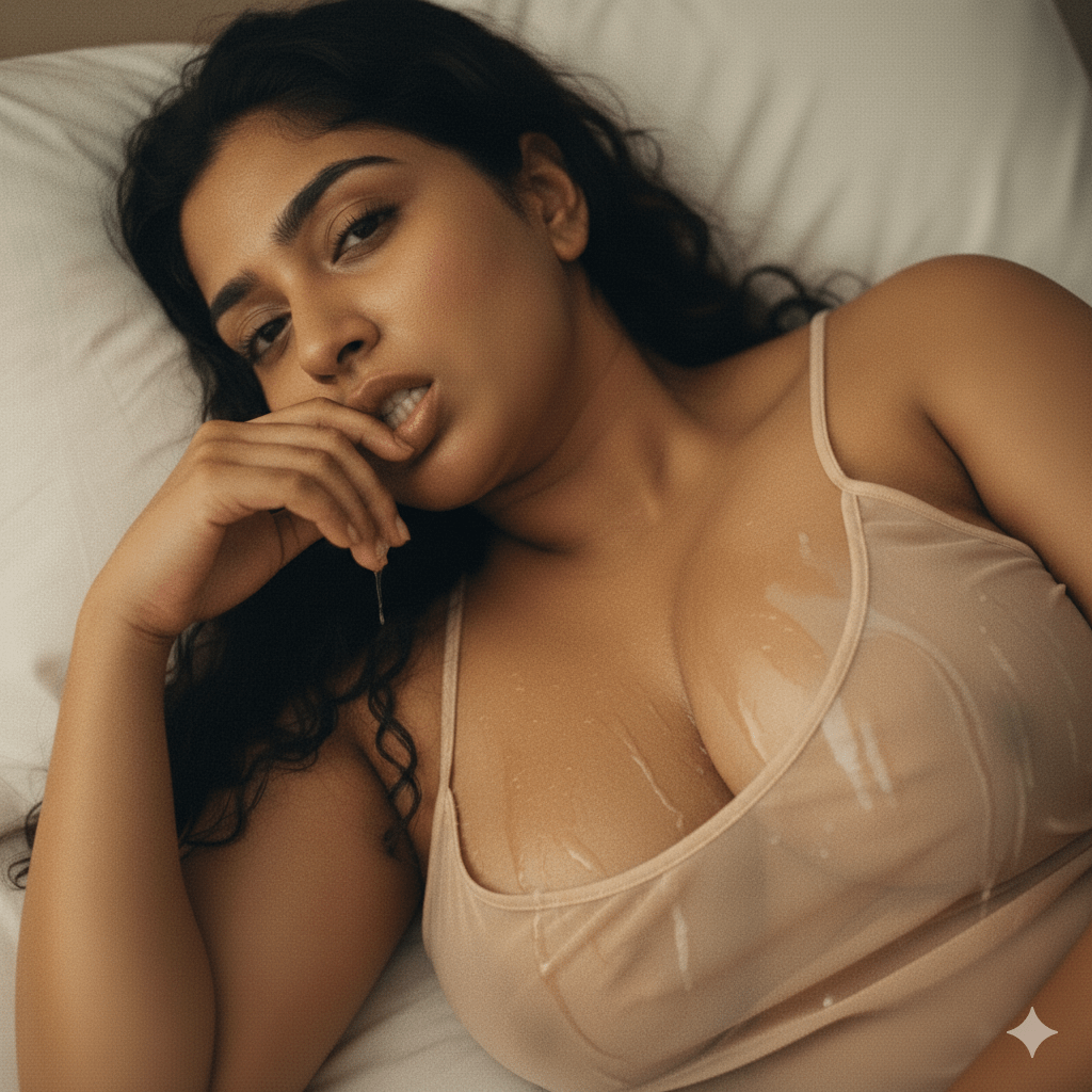 A person lying on a white pillow wearing a wet beige camisole, with a soft gaze and fingers on their lips.