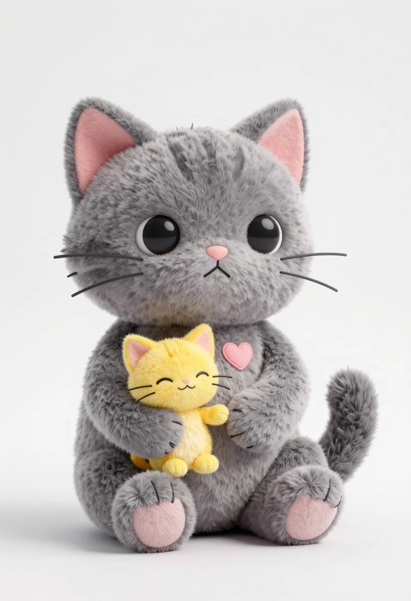 Large Grey Plush Cat Sits Holding Tiny Yellow Kitten Its