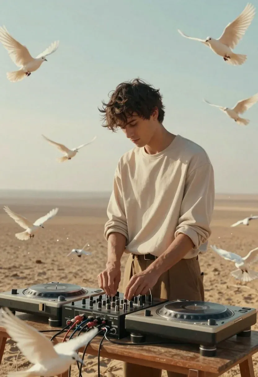 Dreamy Photo Young Man Mixing Music Equipment Open Desert Landscape