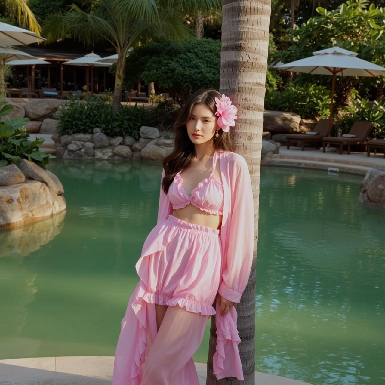 Pink Ruffle Poolside Palm Look