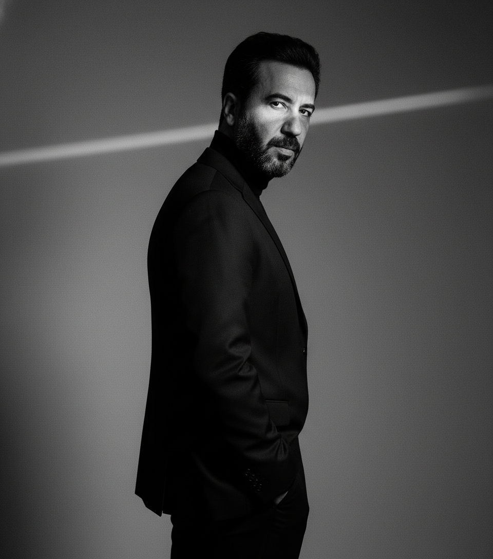 A man in a black suit and turtleneck, illuminated by soft, dramatic light, gazes at the camera with an artistic flair.