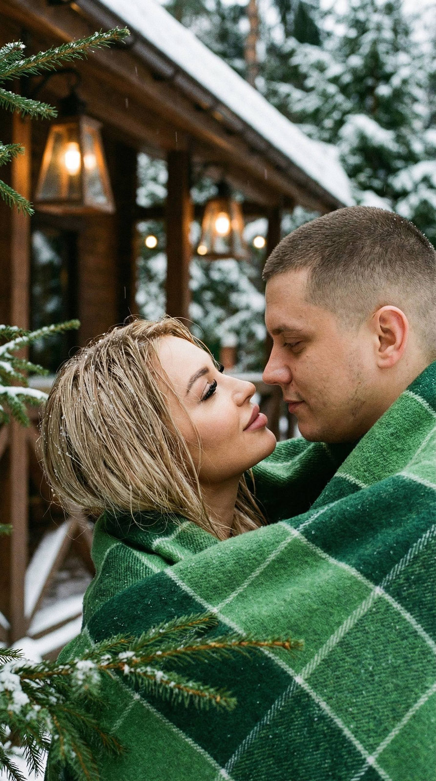 A couple wrapped in a plaid blanket standing on a decorated porch surrounded by snow-covered evergreens.