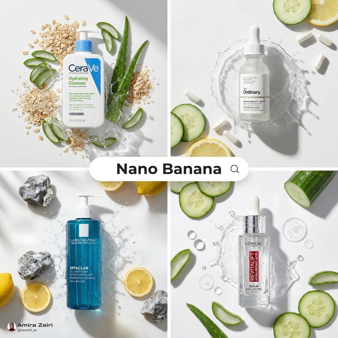 A top-down flat lay of skincare products surrounded by fresh ingredients, featuring glossy wet look and water splash.