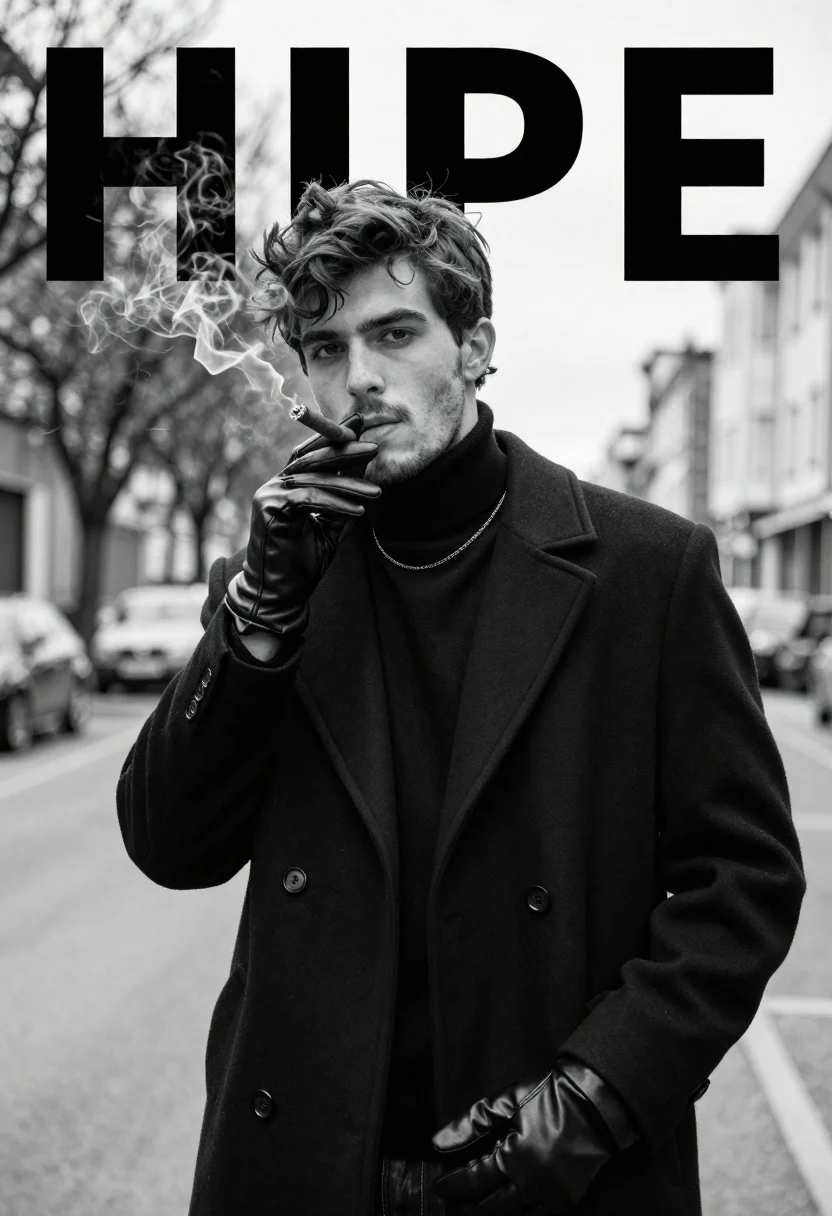 Monochrome Portrait Stylish Young Man With Tousled Dark Hair And