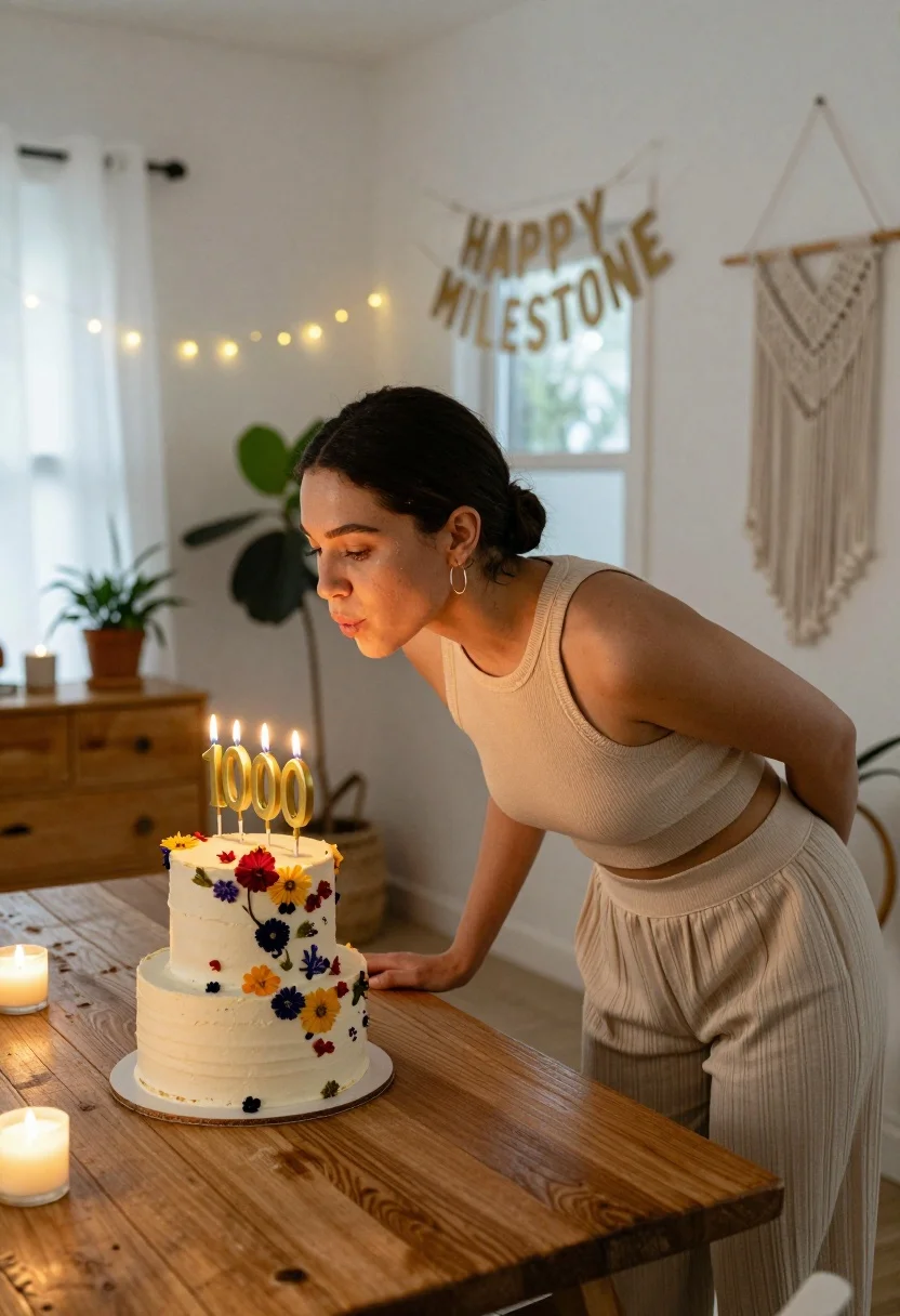 Woman Leans Forward Blow Out Candles Two-tiered Birthday Cake Decorated
