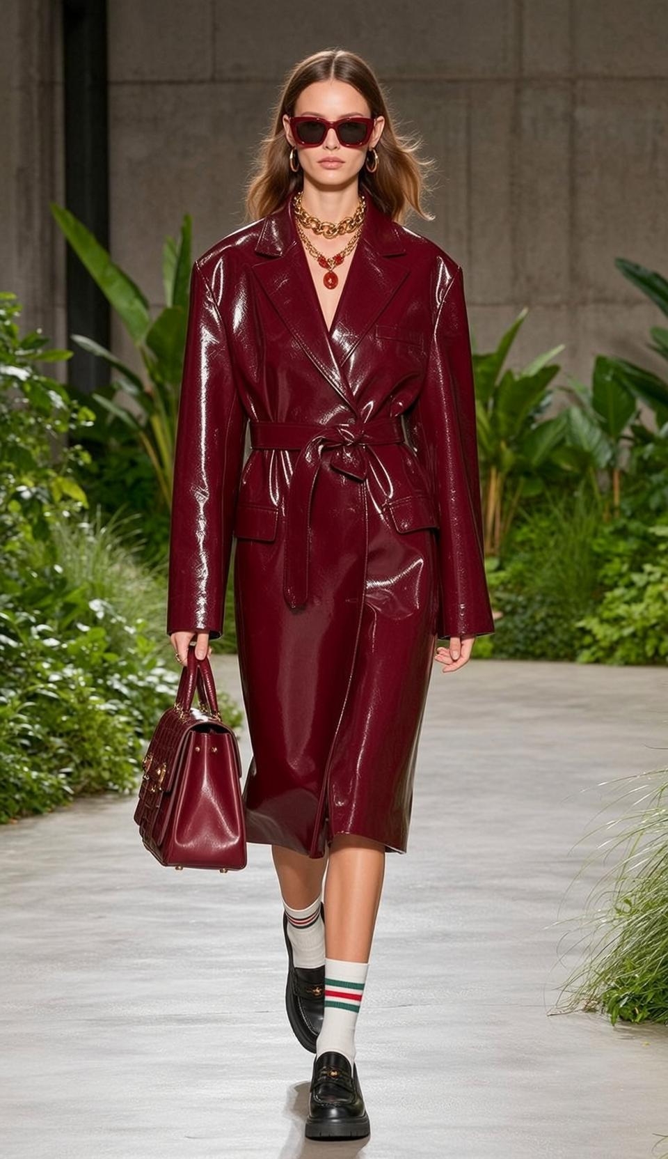 Burgundy Patent Leather Trench Coat Outdoor Runway Walk
