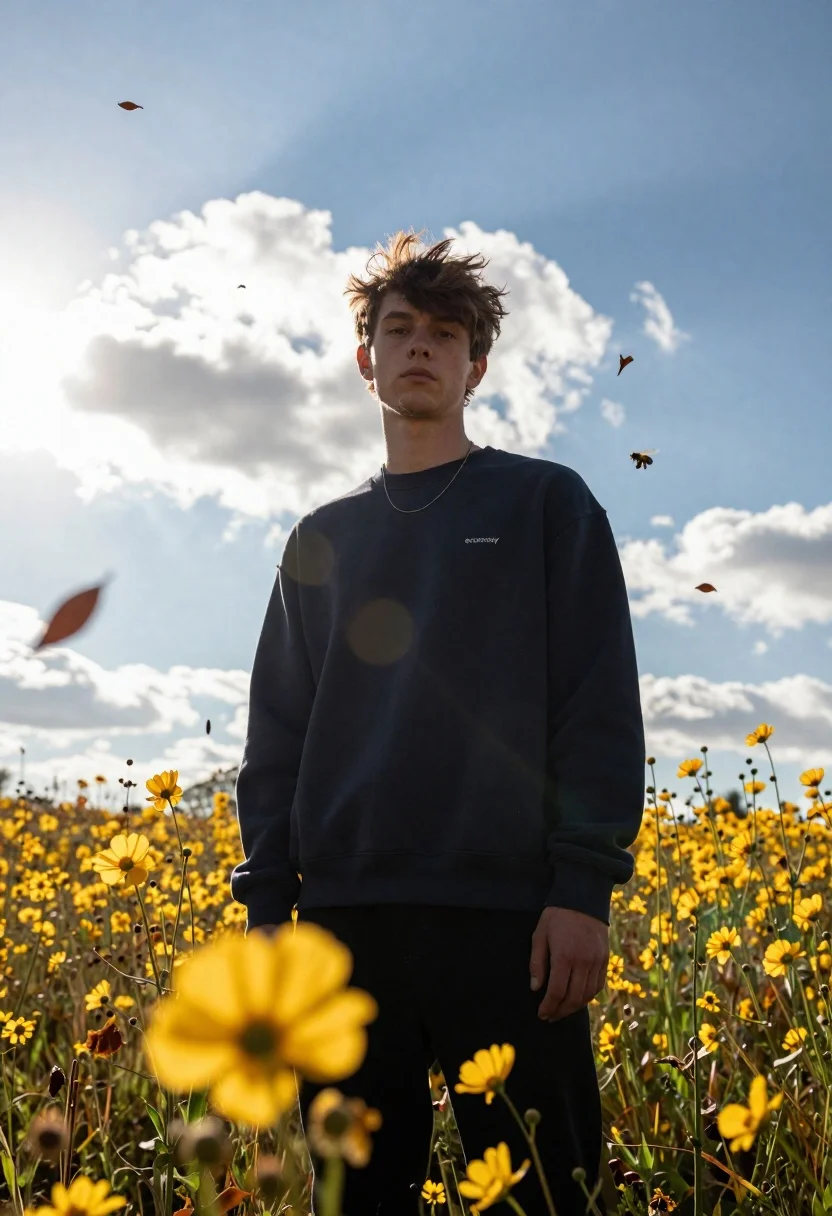 Low-angle Portrait Young Man With Tousled Brown Hair Standing Field