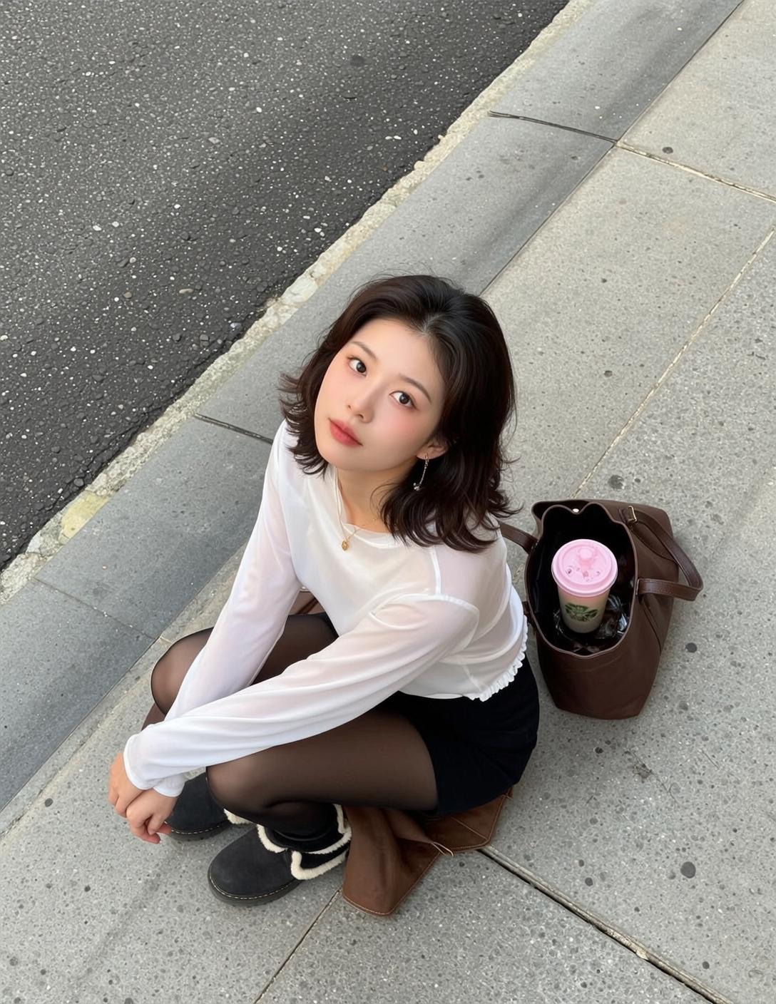 Explore Crouched Sidewalk Facing Slightly Away Her