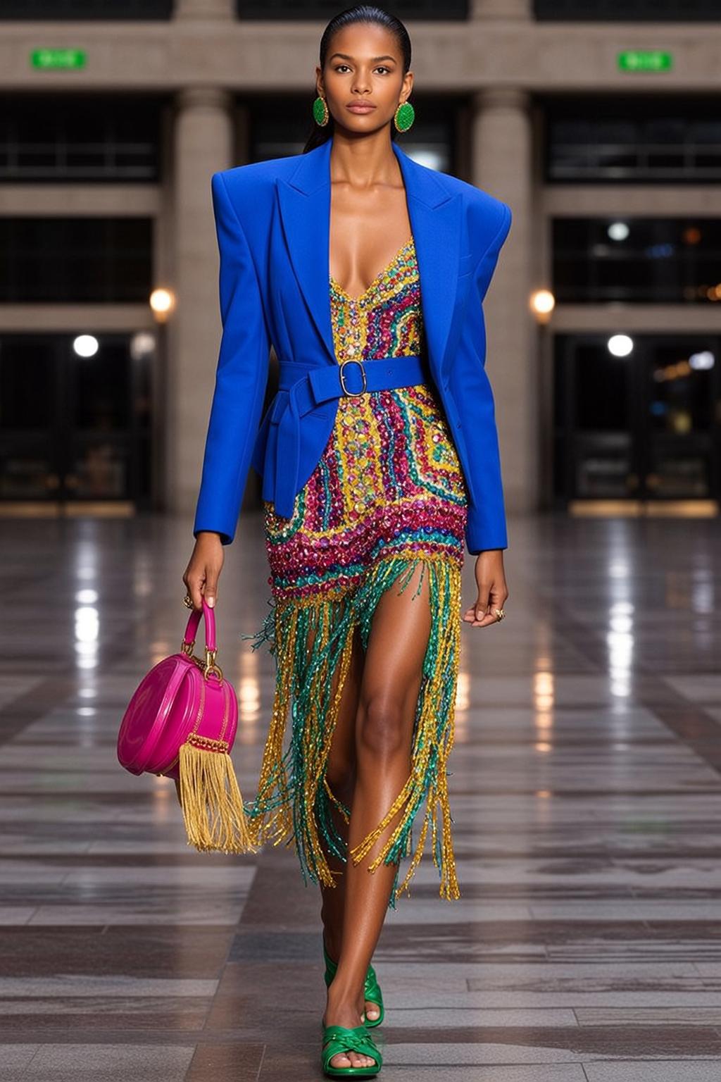 Fashion Week Pulled Back Tan Blue Blazer