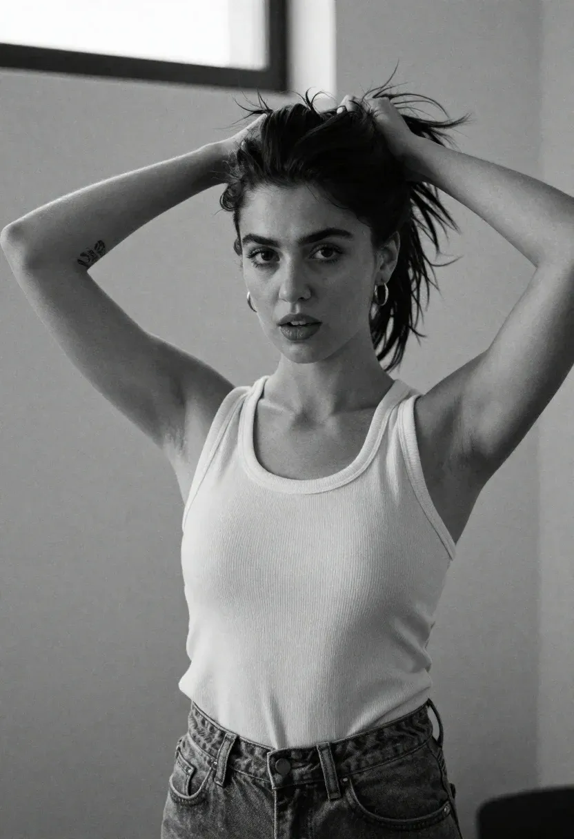 Monochrome Portrait Woman With Dark Hair Pulled Back Into Messy