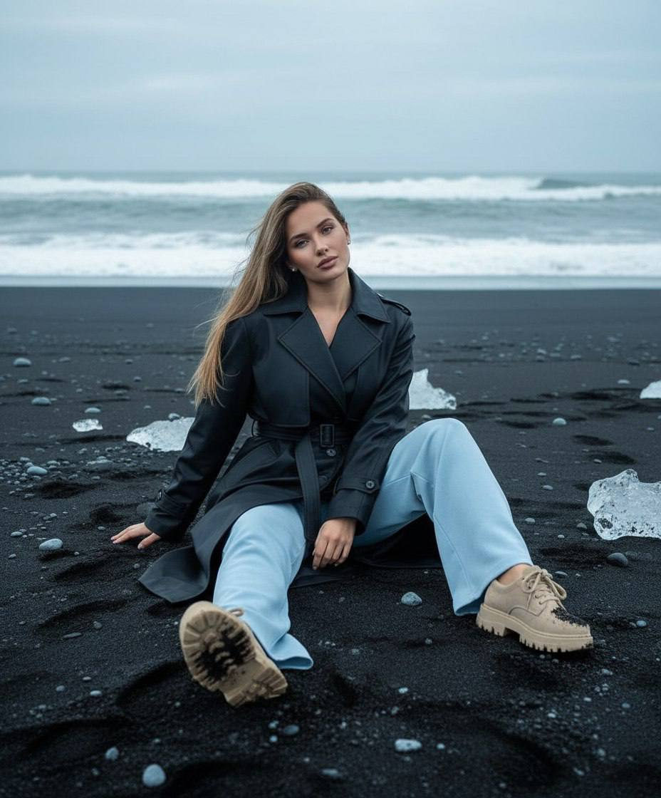 A young woman seated on black volcanic sand, wearing a black trench coat, with icy chunks and ocean waves in background.