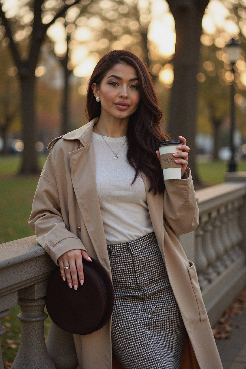 Cinematic portrait of a woman in a houndstooth skirt, leaning on a stone fence, holding a coffee cup with golden hour sunlight filtering through trees.