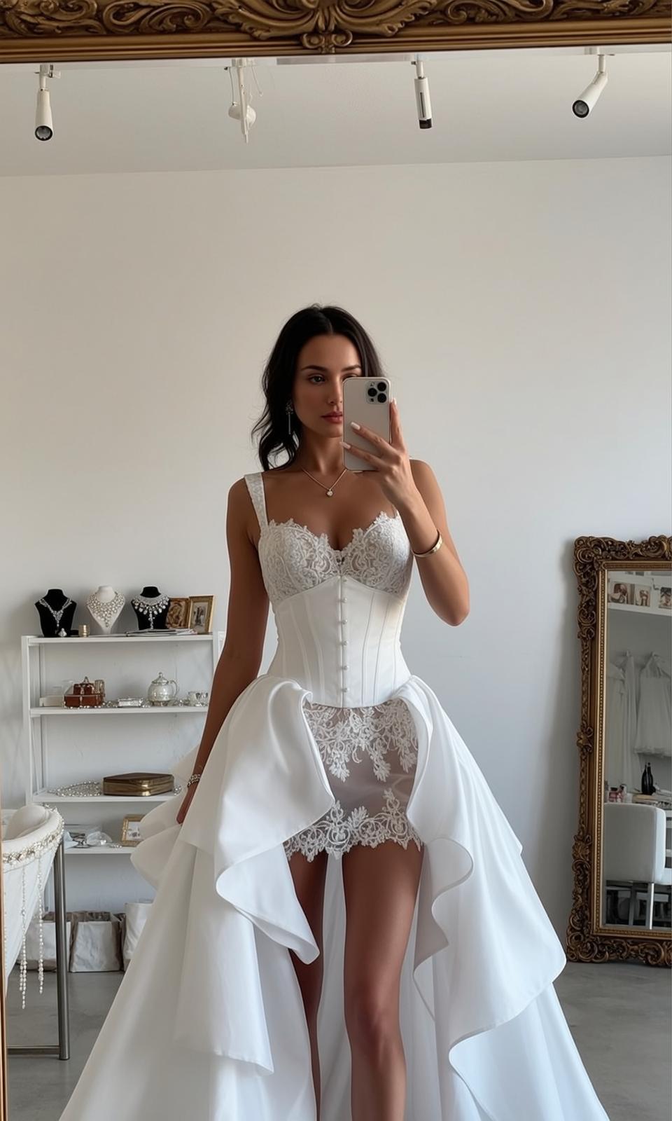 Coquettecore Stands Facing Mirror Holding Smartphone Her