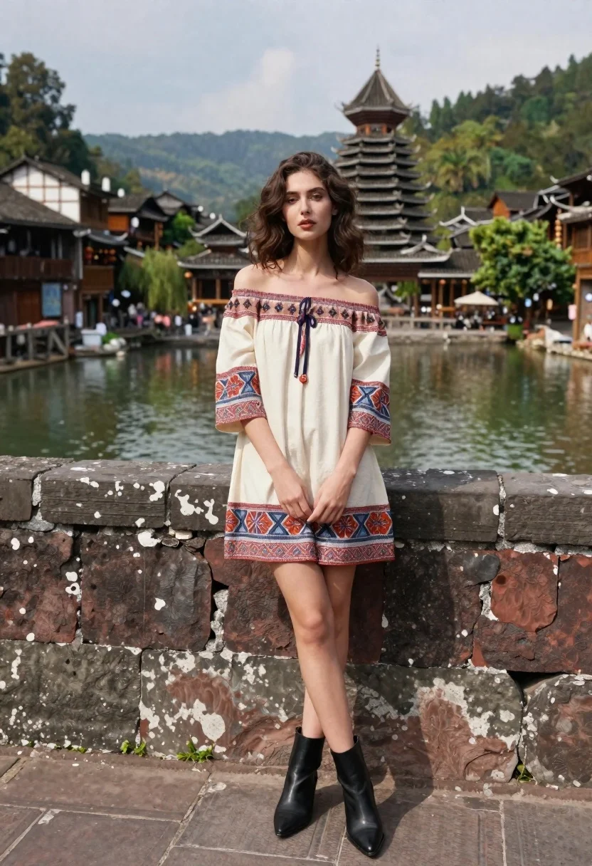Young Woman With Wavy Brown Hair Stands Leaning Against Weathered