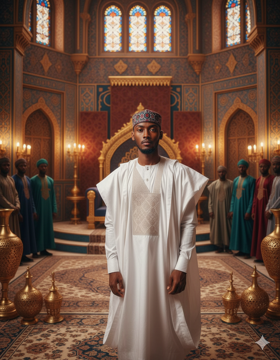 A young Hausa nobleman in traditional attire standing in a majestic palace with intricate blue and gold decor.