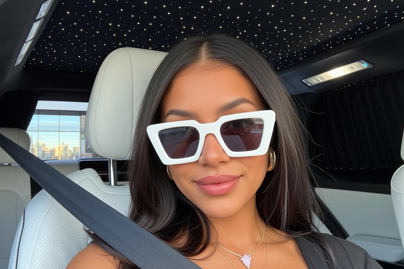 Woman In Car White Leather Sunglasses