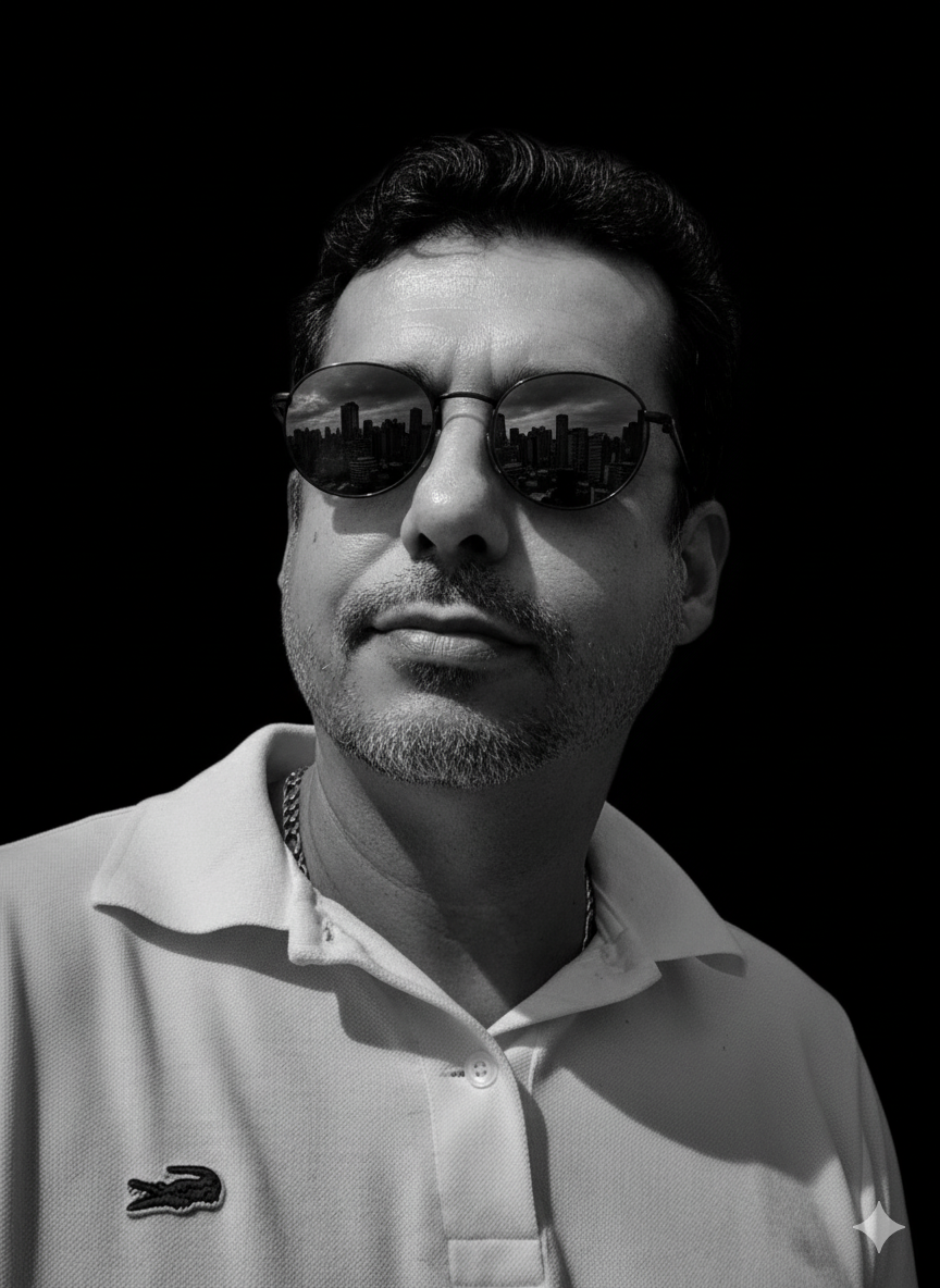 Ultra-realistic close-up of a man with a beard wearing round sunglasses, showcasing a city's skyline reflection.