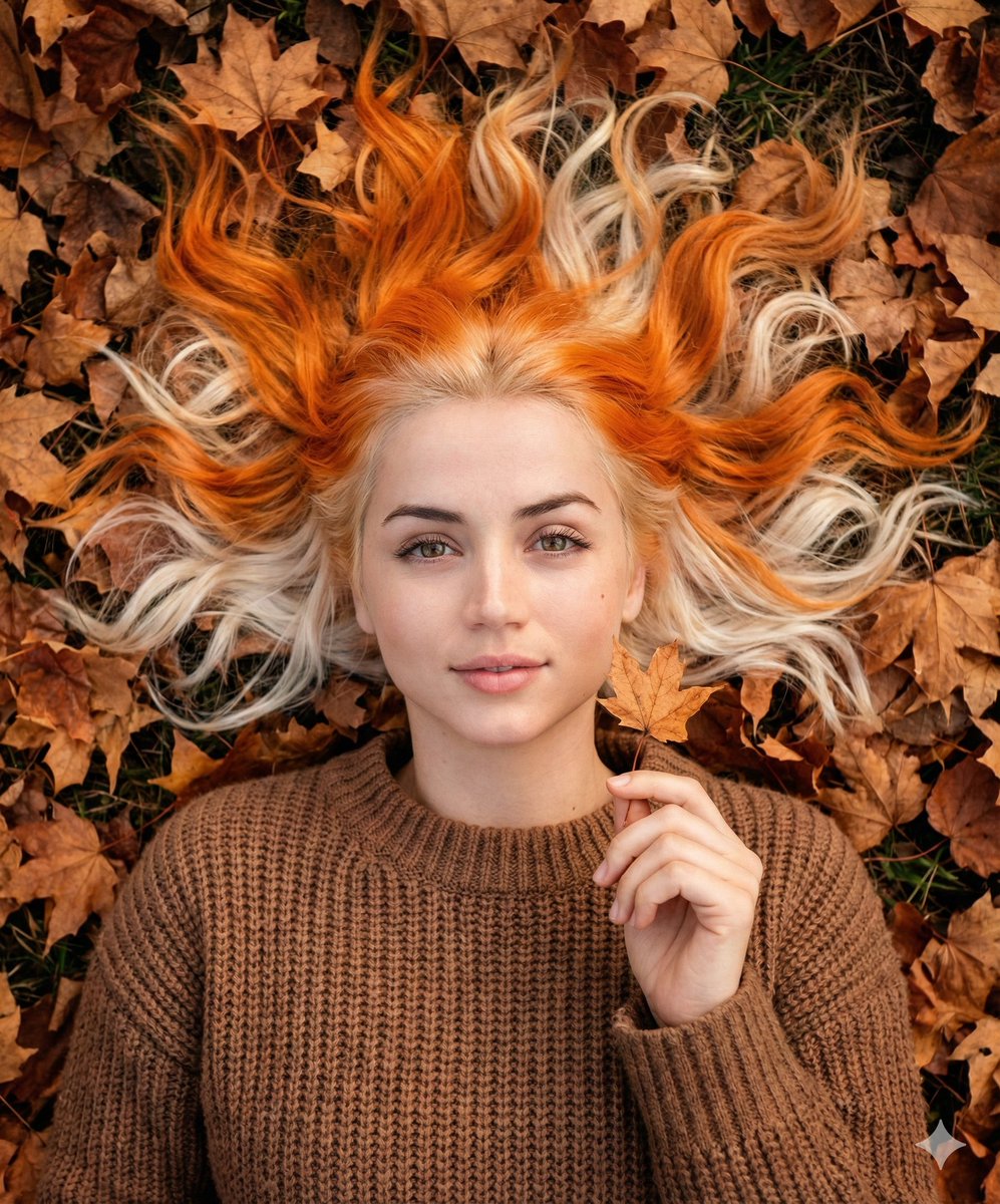 A very fair young woman lying on autumn leaves, wearing a brown knit sweater, holding a dried leaf with a peaceful expression.
