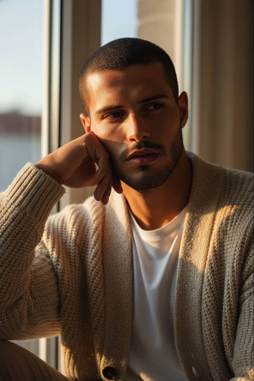 Close-up portrait of a person with golden light on his face, resting chin on hand by a window.