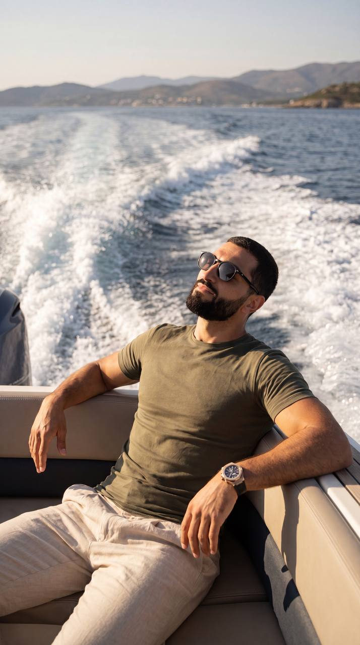 A man with dark sunglasses on a motorboat, showcasing a relaxed pose while leaning back and enjoying the sun.