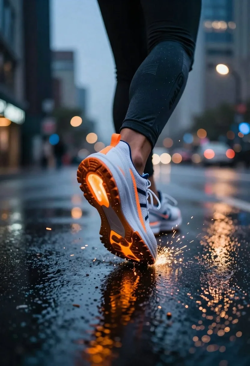 Low-angle Shot Runner Foot Striking Wet Pavement Urban Cityscape Night reference photo