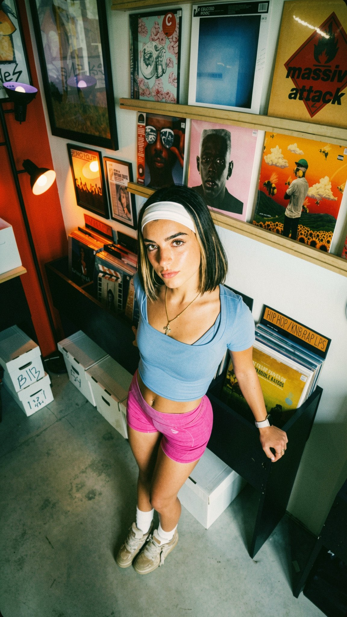 A photorealistic image of a young girl in a light blue crop top and pink shorts, standing in a record store with a direct gaze.
