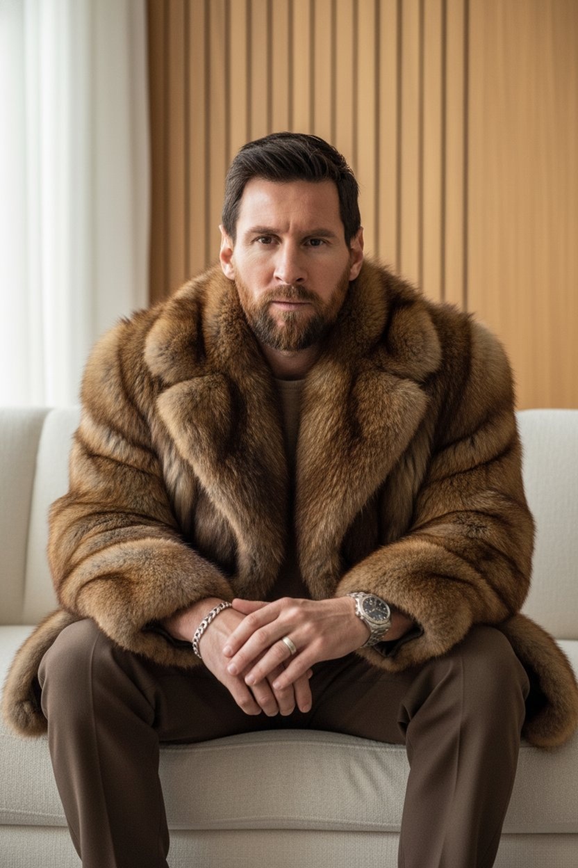 A fashionable man in a luxurious brown fur coat sitting on a modern sofa, showcasing a confident gaze and elegant silver accessories.