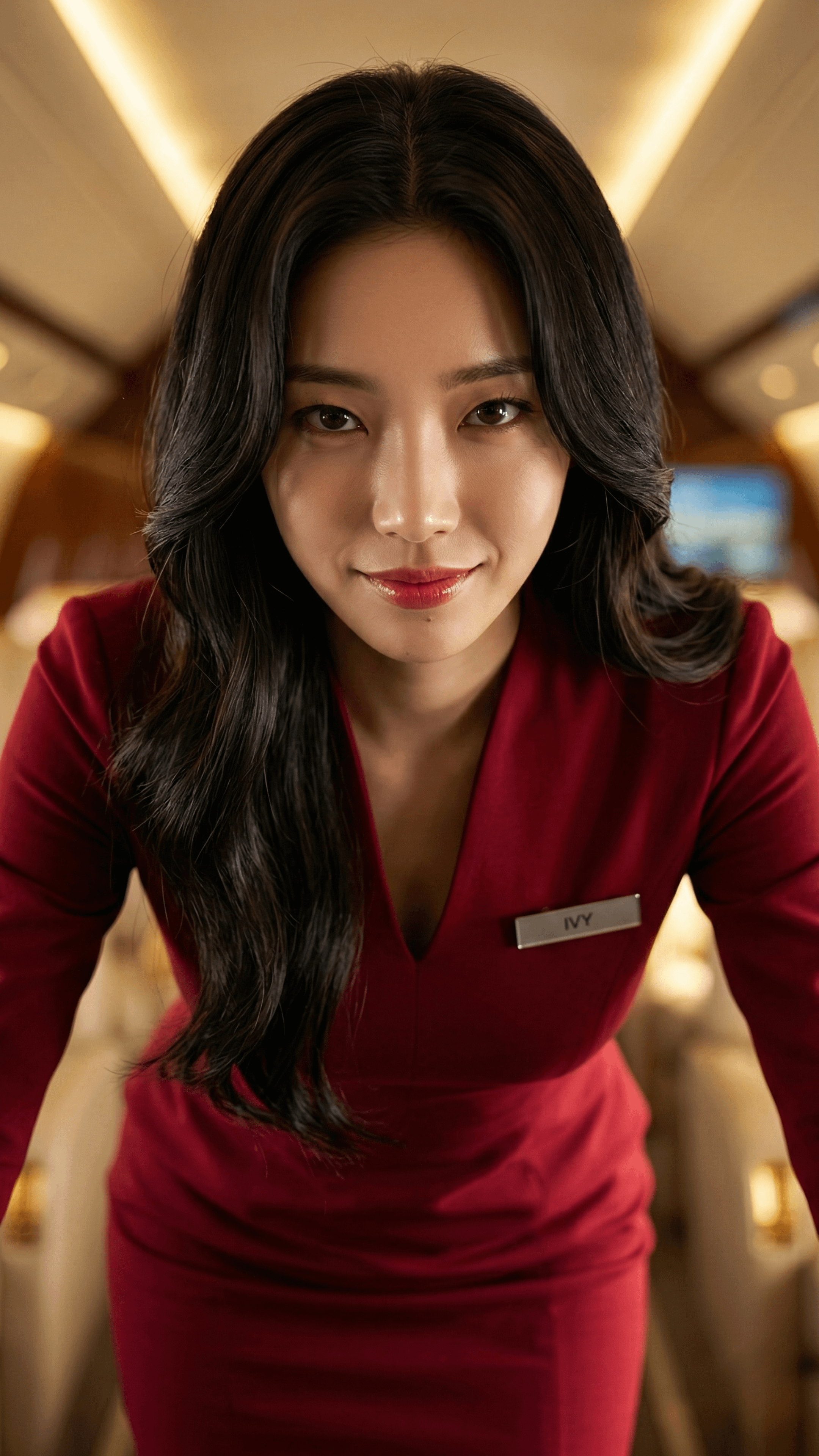 Flight Attendant In Red Uniform On Private Jet