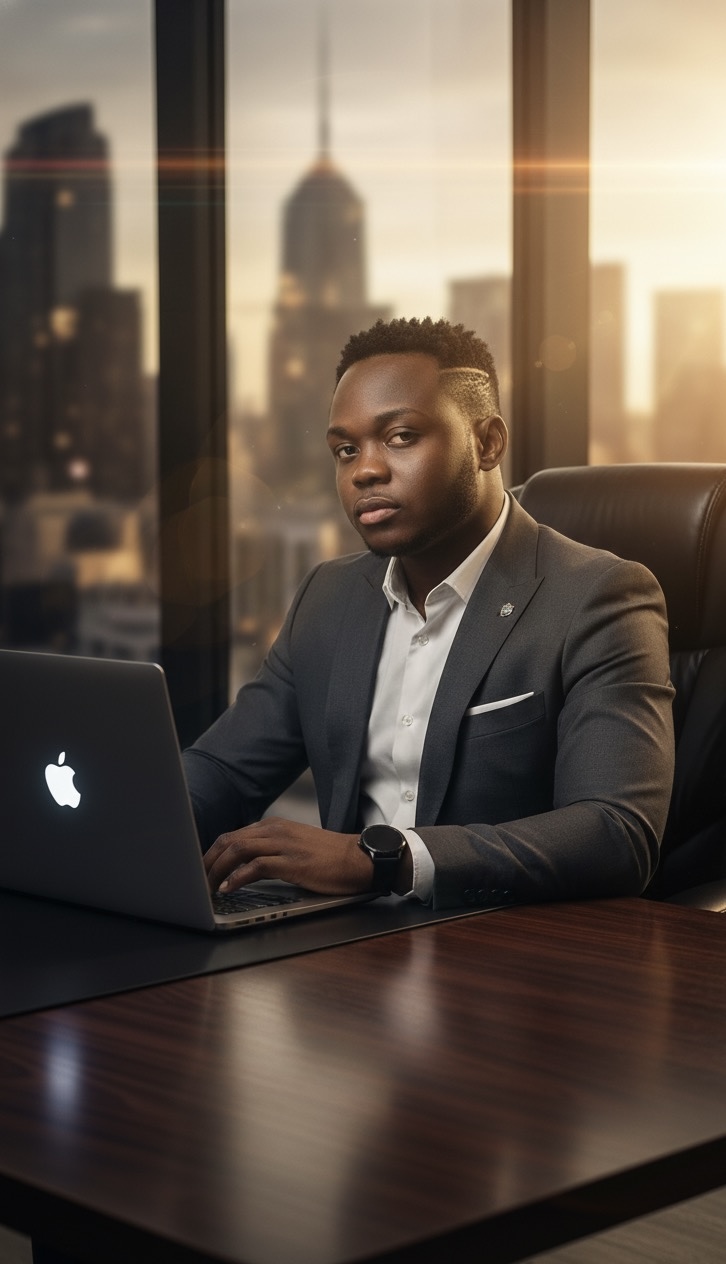 A confident individual in a tailored suit at a sleek desk, illuminated by warm golden-hour light, with a MacBook Pro and stylish stationery.