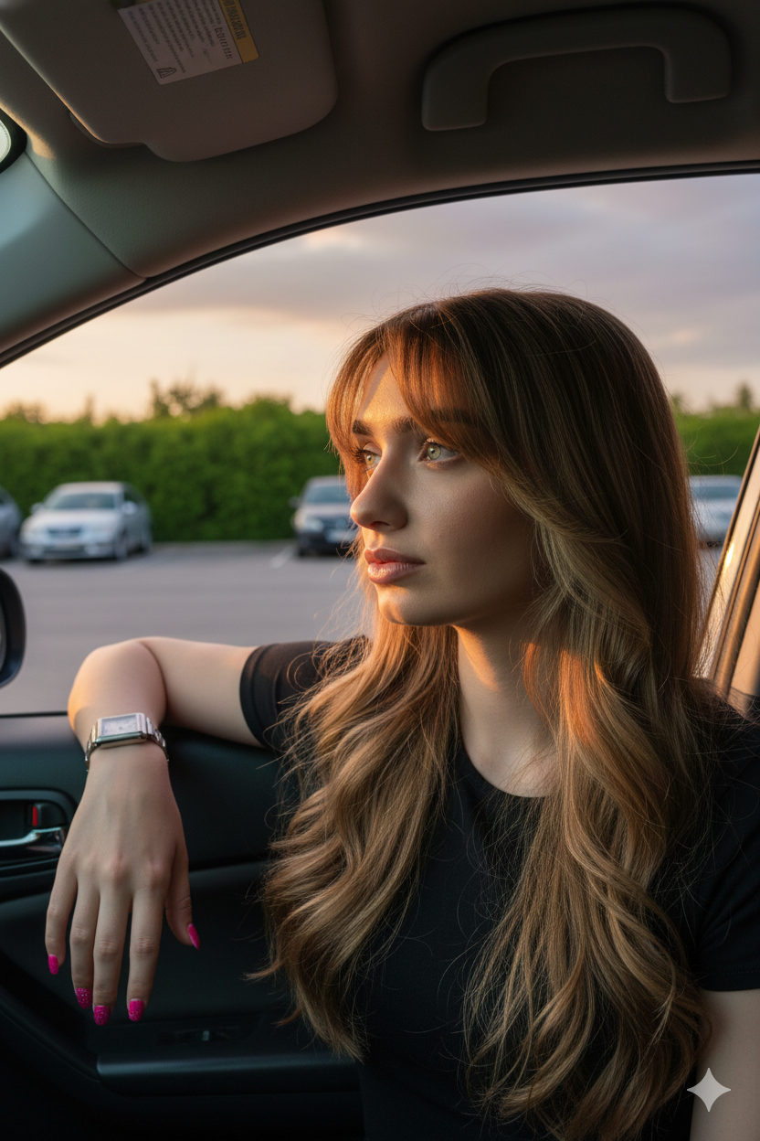 A woman with light brown balayage hair resting her arm on a car window during golden hour, gazing outside.
