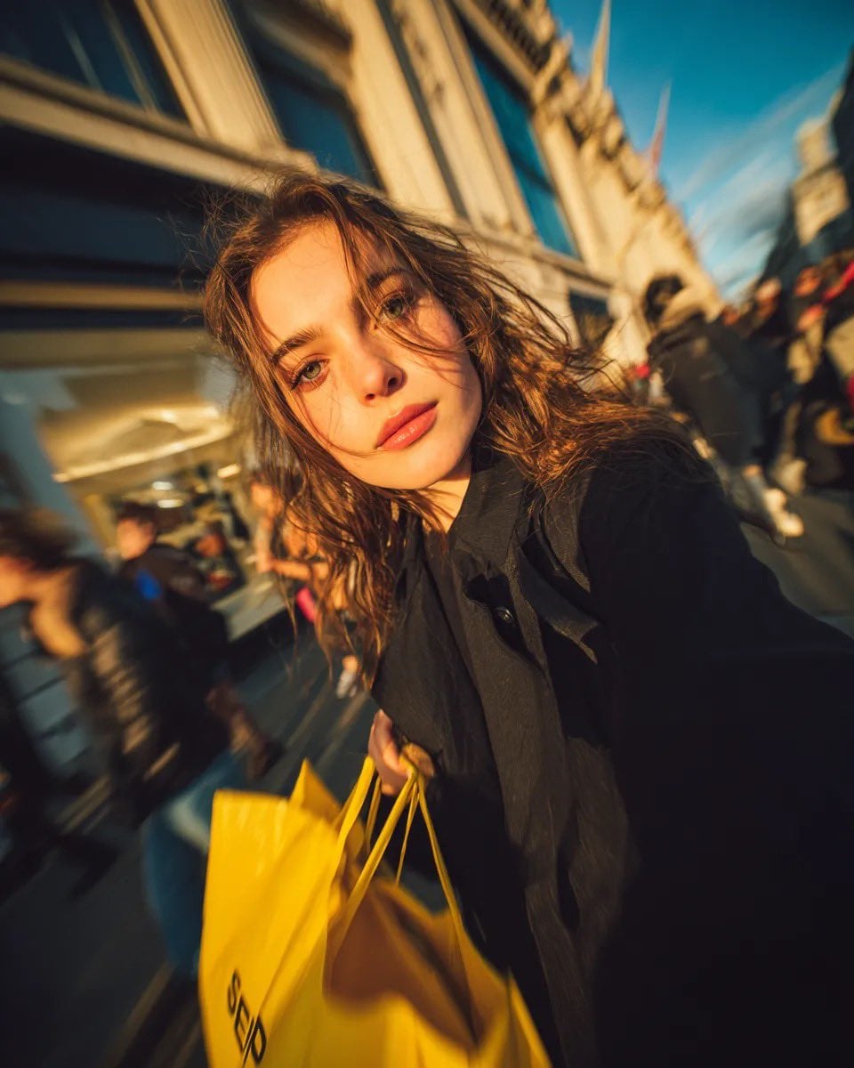 Walking Busy Street Golden Hour Yellow Bags