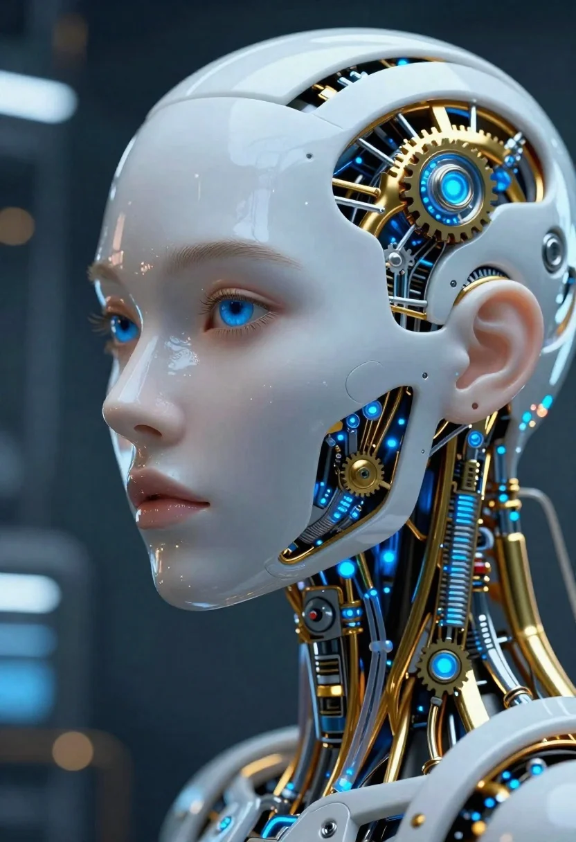 High-fidelity Close-up Futuristic Cyborg Woman Head And Neck Revealing Intricate reference photo