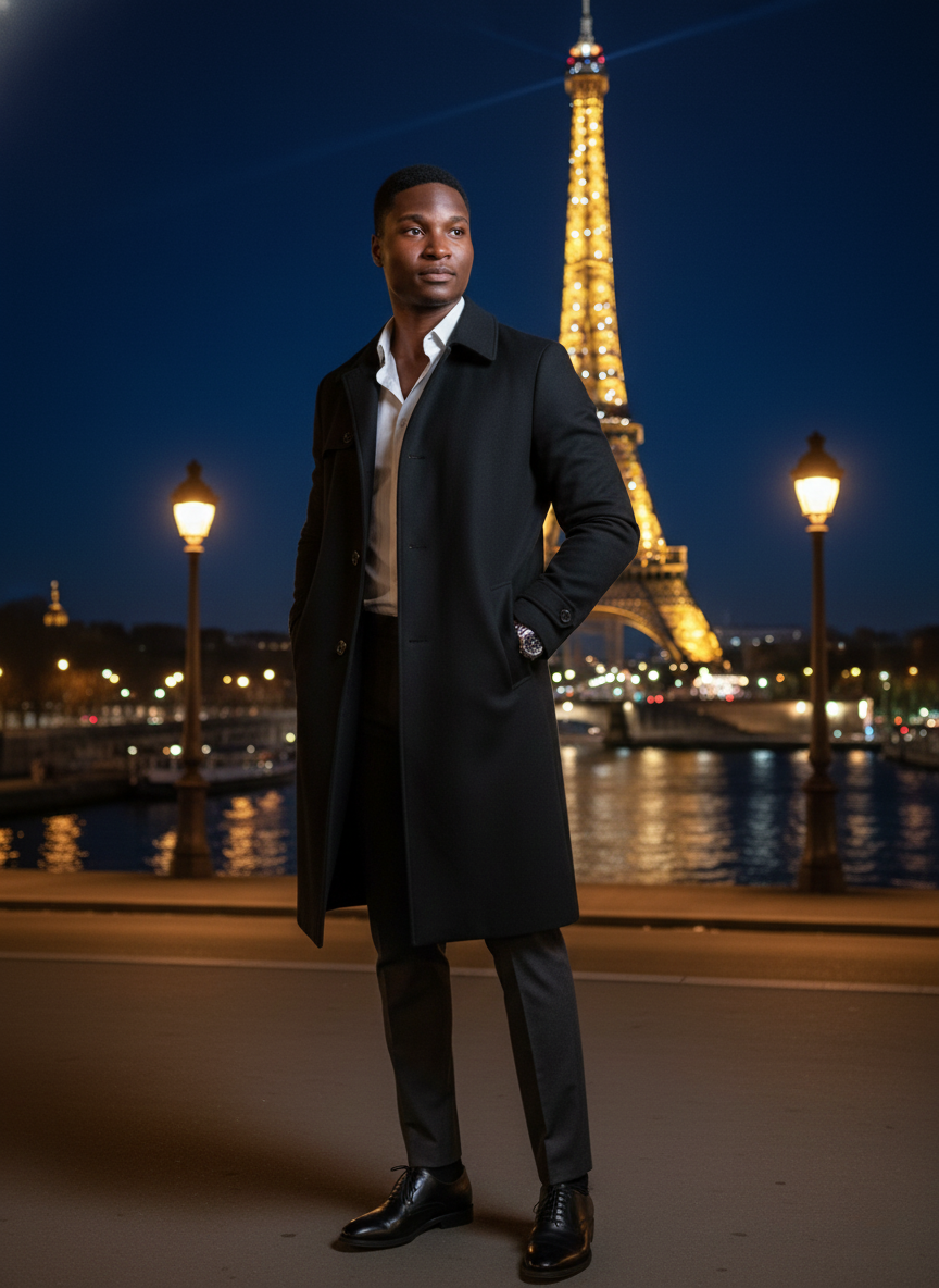 Homme élégant près de la Tour Eiffel illuminée, ambiance nocturne avec lumière dorée et sérénité.