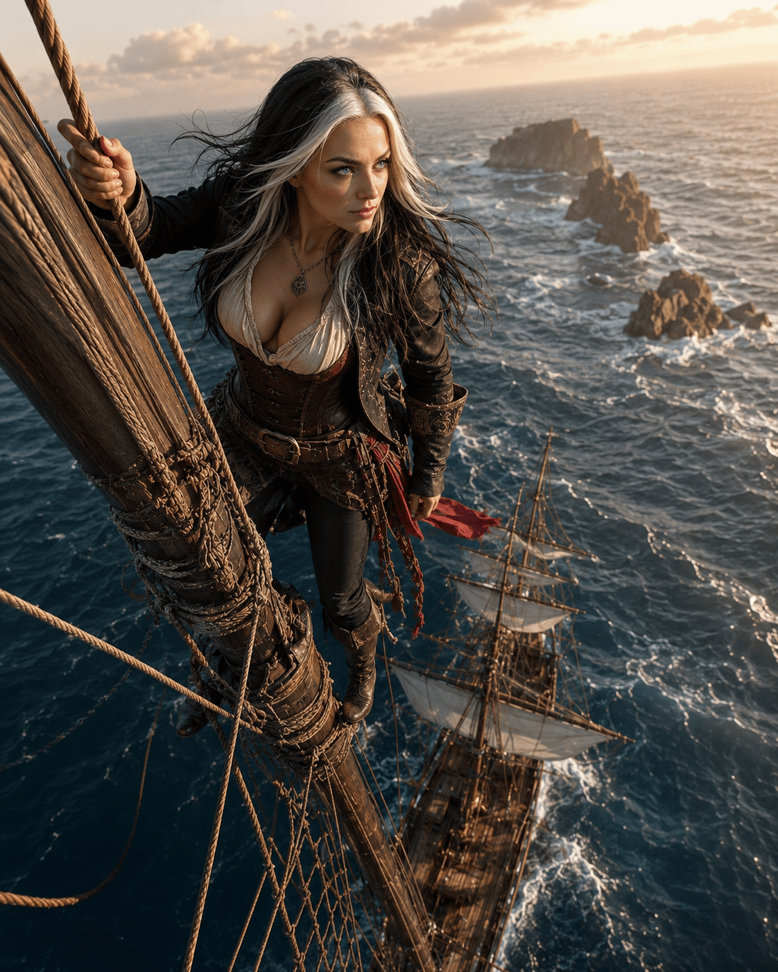 Pirate On Ship Mast Golden Hour Ocean Sunset