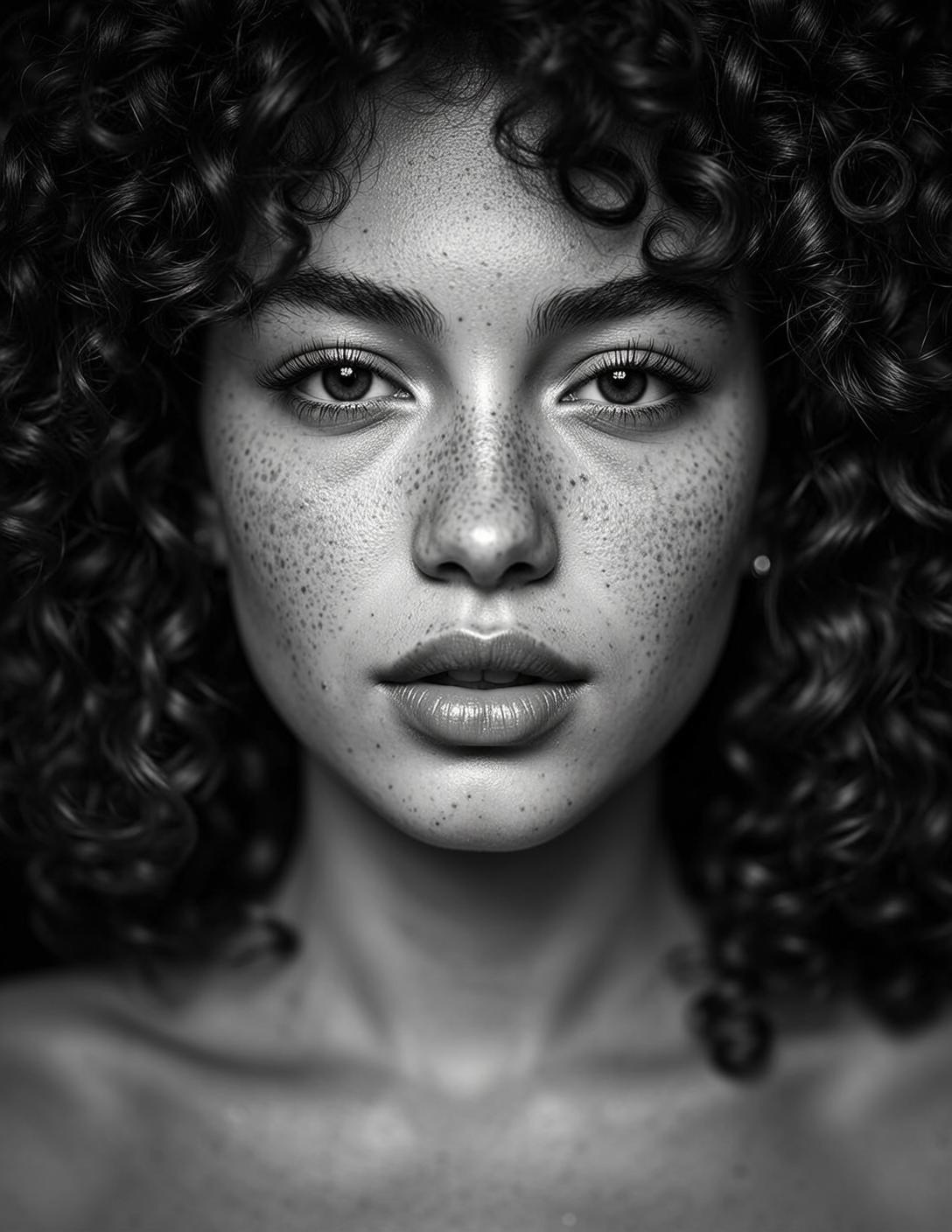 Photorealistic Black And White Headshot Portrait Young Woman With Neutral