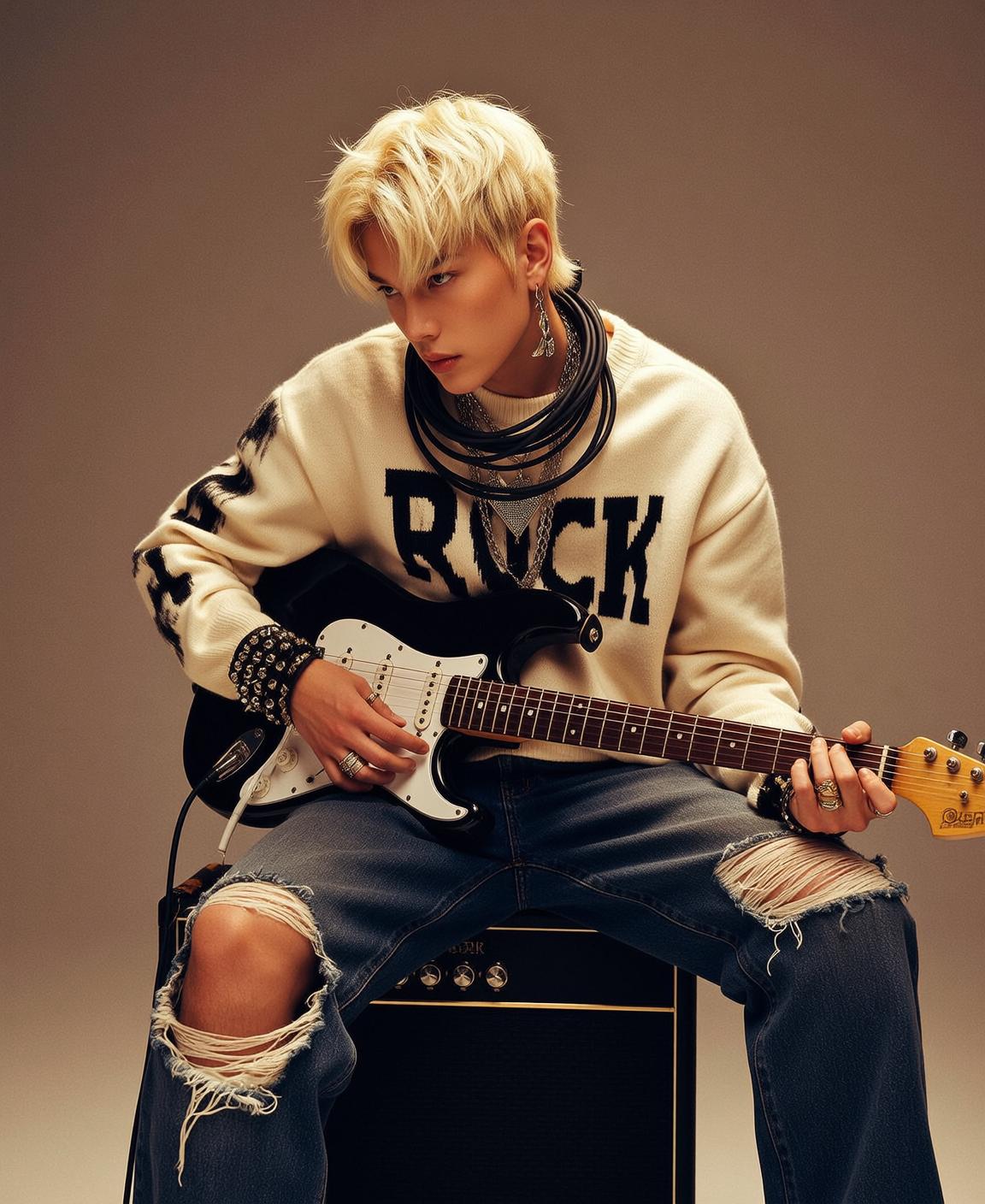 Explore Seated Holding Black Electric Guitar Playing
