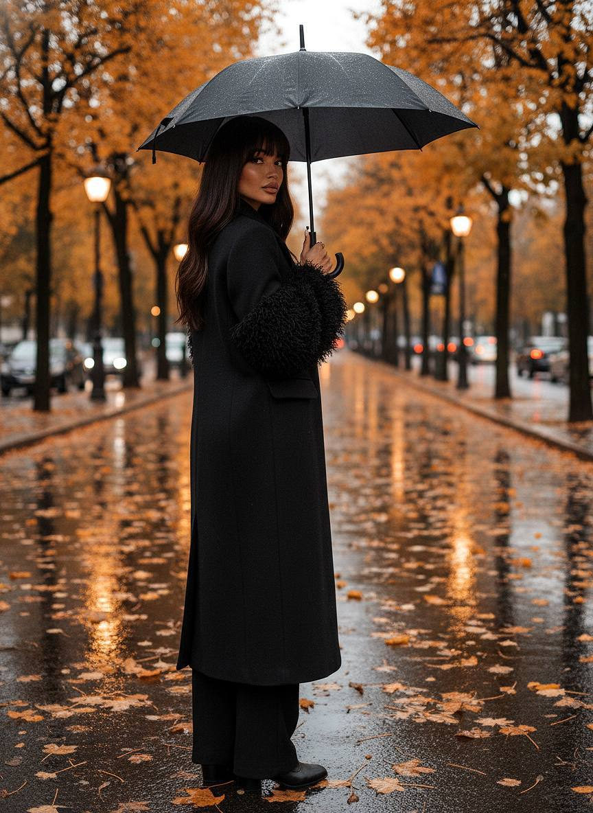 A woman stands on a wet autumn street, profile view, holding an umbrella, surrounded by golden leaves and vintage lamps.