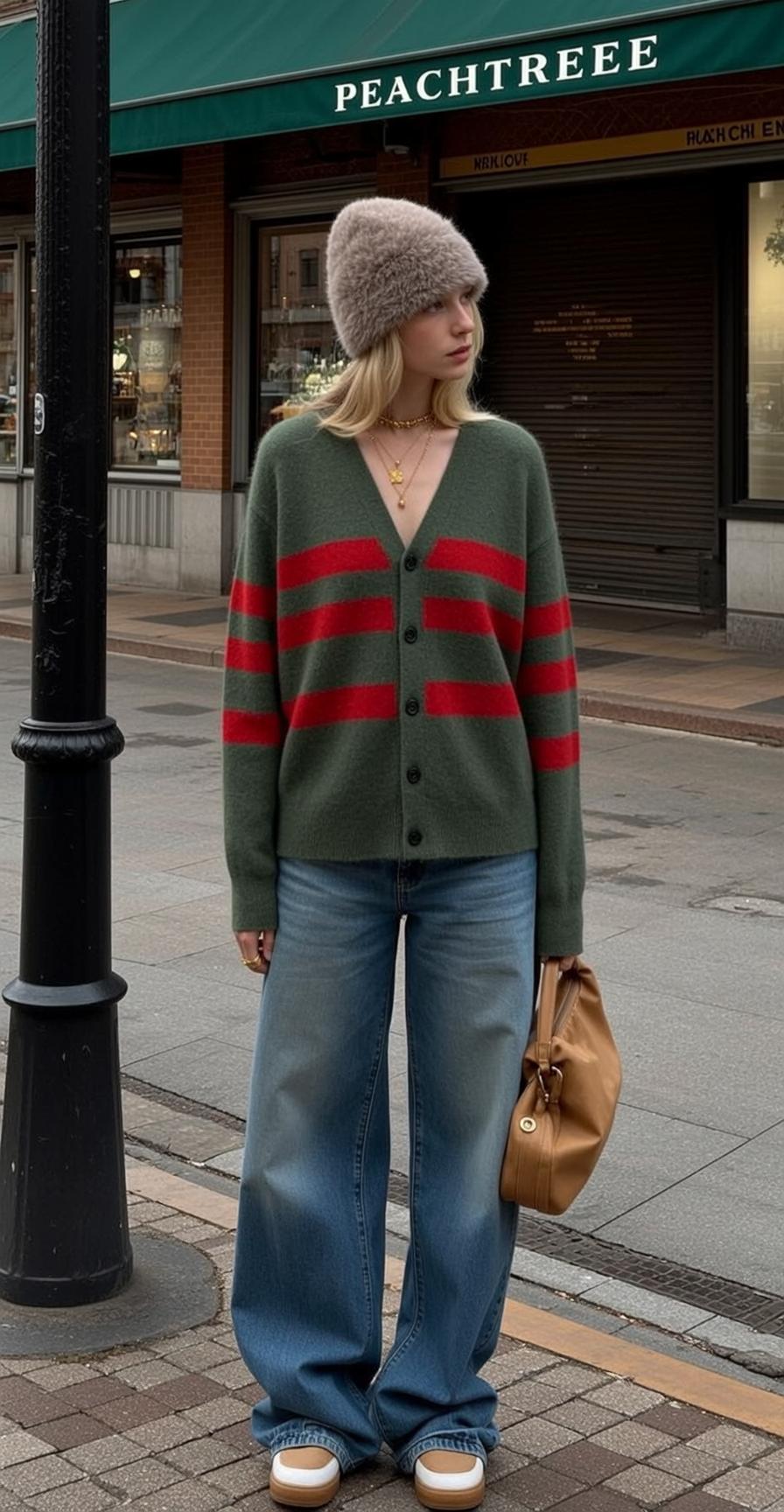 Green Cardigan and Wide Leg Jeans Street