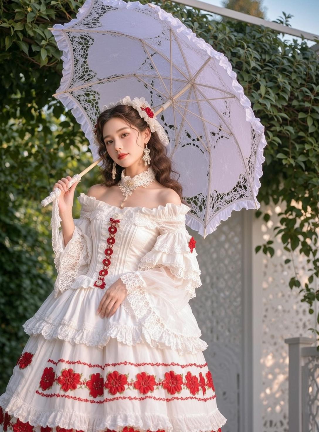 Lace Dress Garden Parasol Pose