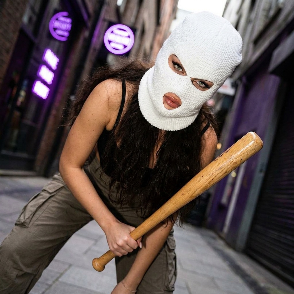A girl in a white balaclava with foxy makeup, holding a baseball bat, posed confidently in a neon-lit environment.