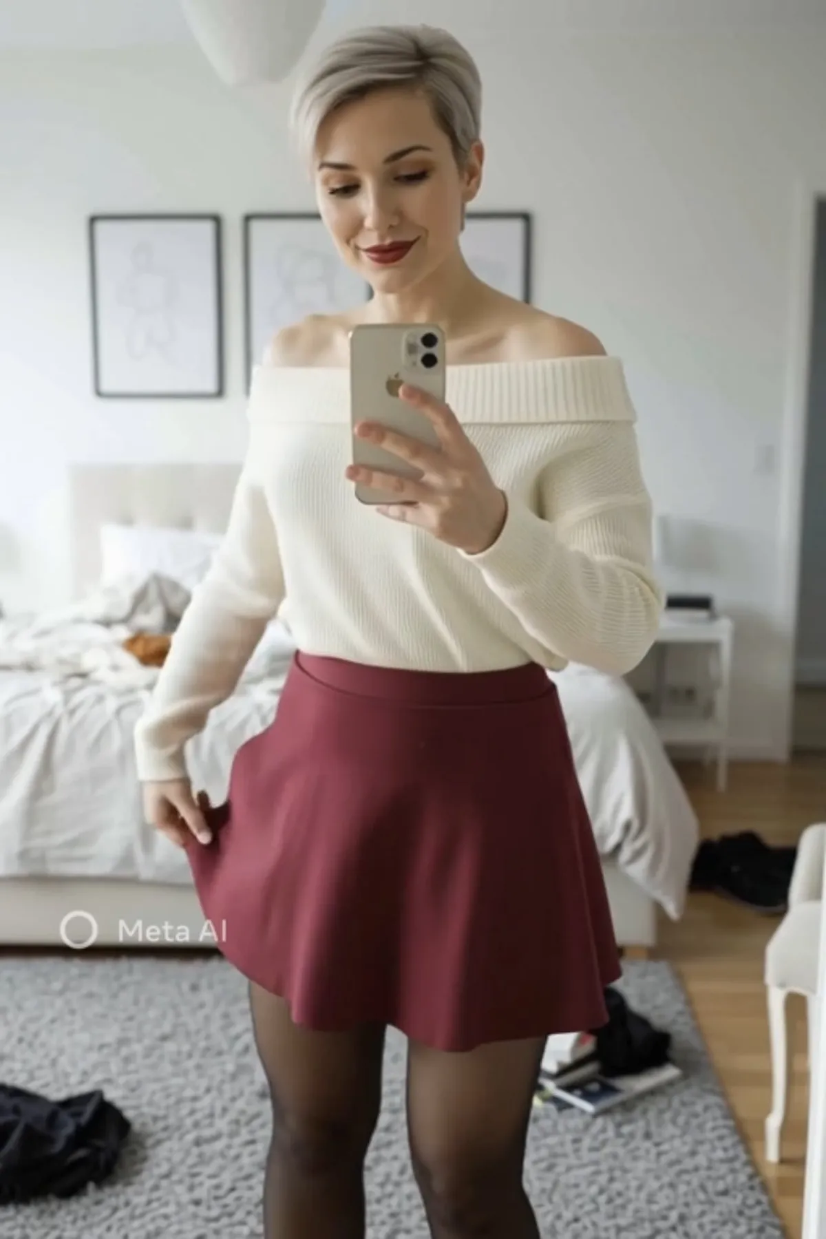 Selfie In Cream Sweater Maroon Skirt Bedroom